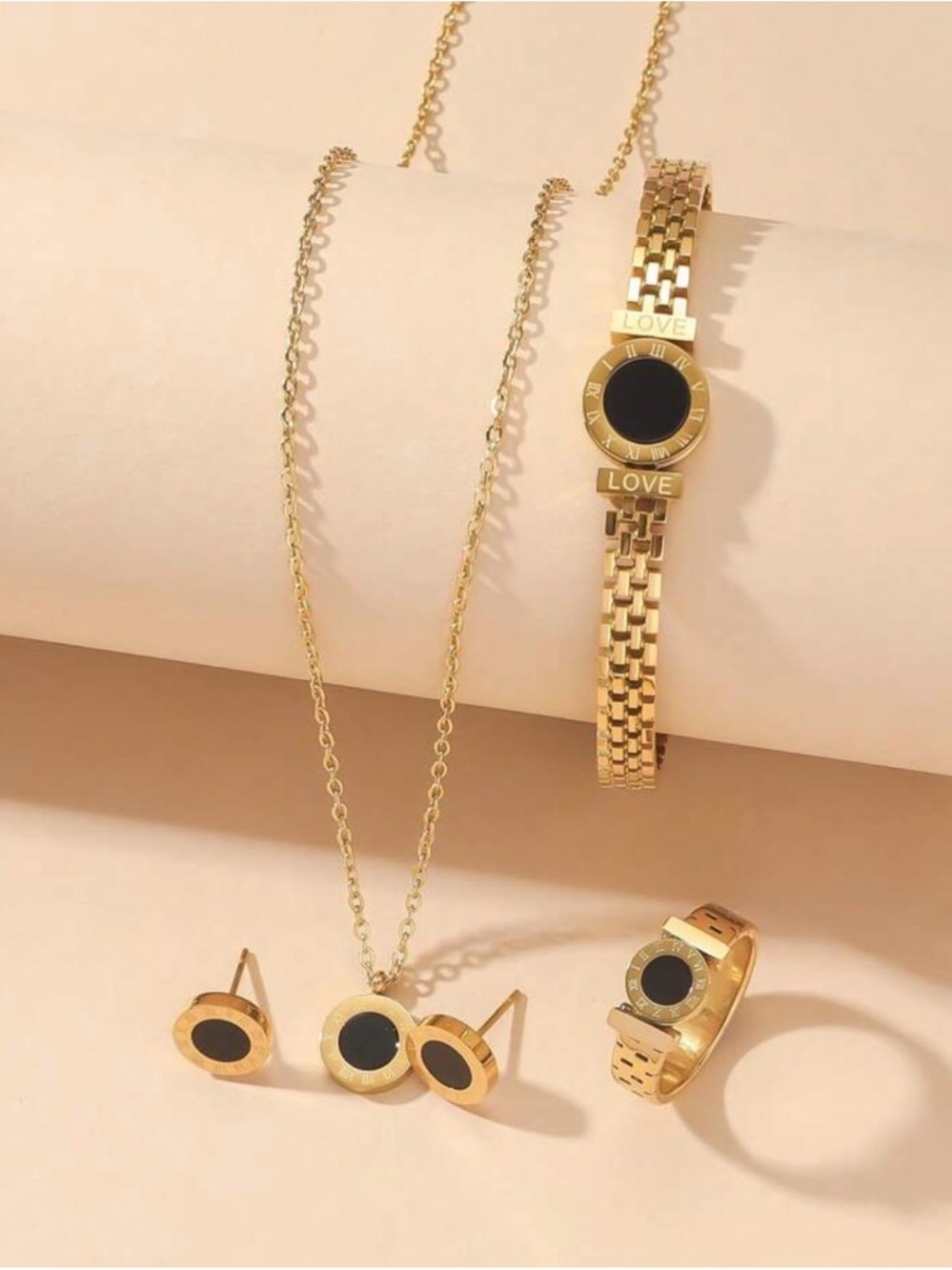 Gold Black Circle Jewelry Set - Necklace, Earrings, Bracelet, Ring